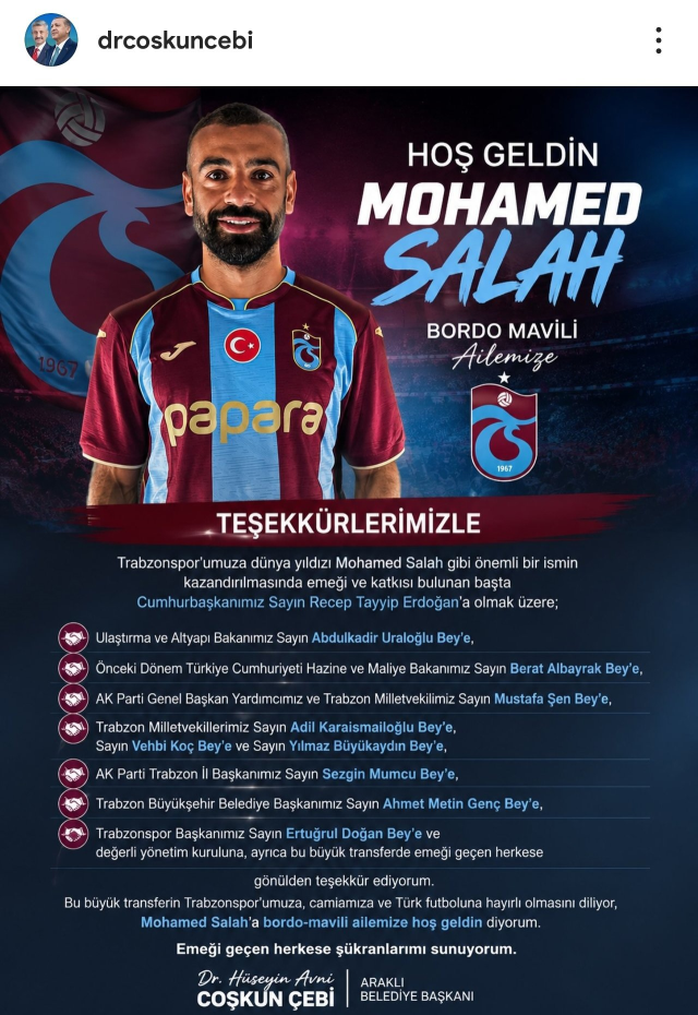 Salah transferinde Cumhurbaşkanı Erdoğan detayı: Belediye başkanı teşekkür ederek açıkladı