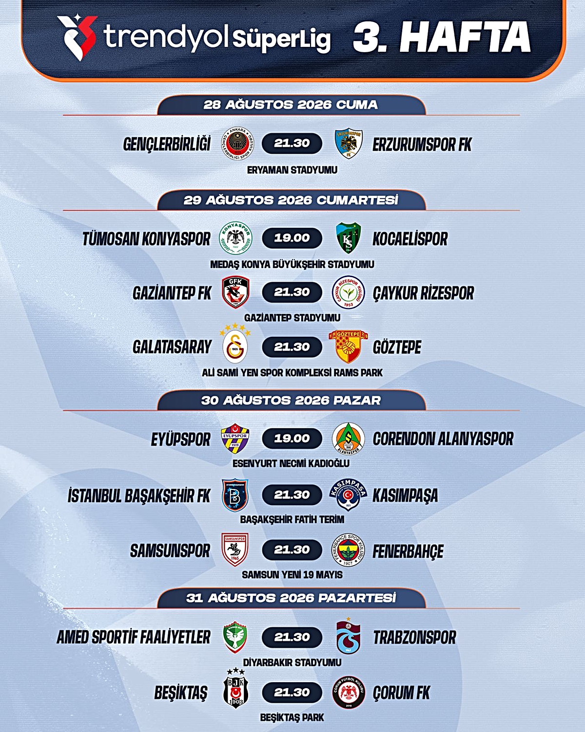 Süper Lig 2. ve 3. Hafta Programı Açıklandı