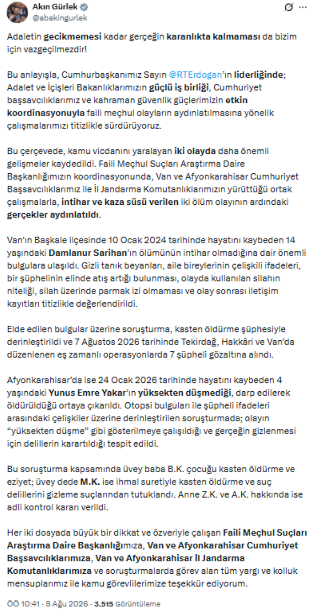 Bakan Gürlek duyurdu! 2 çocuğun ölümünde korkunç gerçek