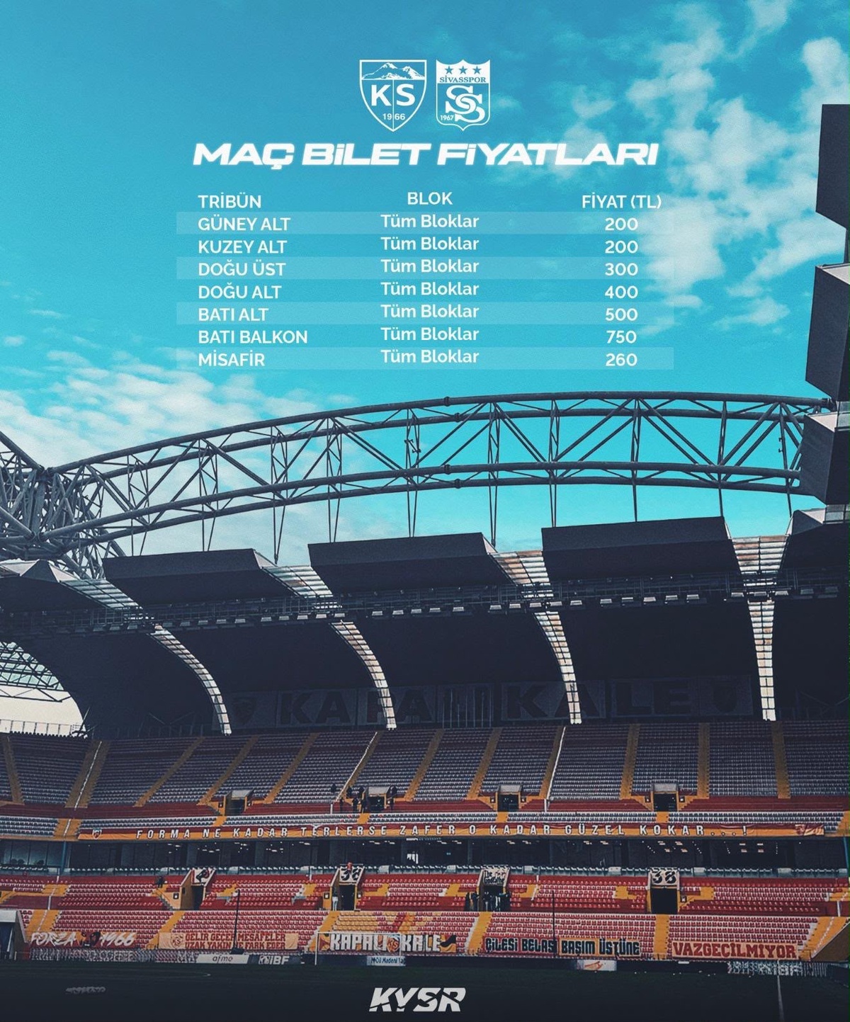 Kayserispor-Sivasspor Maç Biletleri Fiyatları Açıklandı
