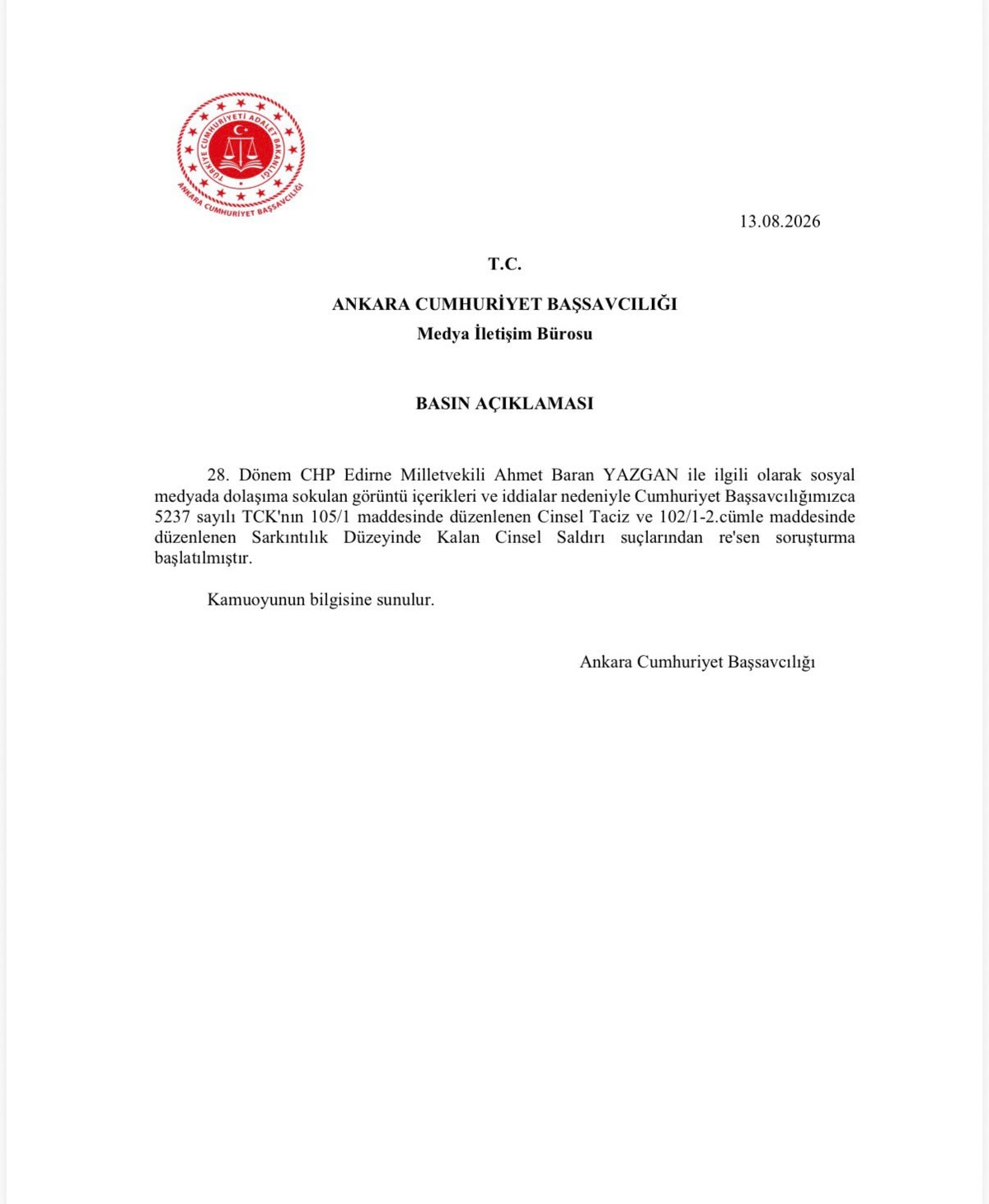 Ahmet Baran Yazgan\'a Soruşturma Başlatıldı