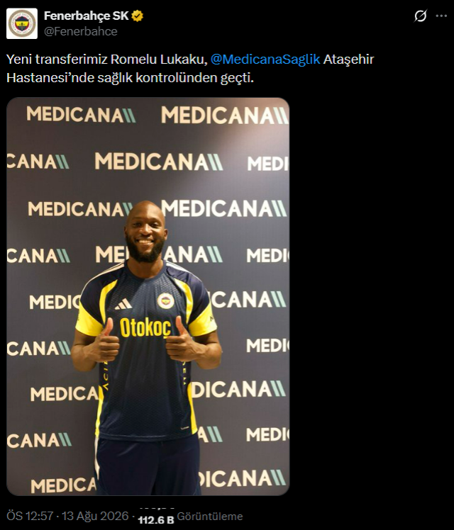 Fenerbahçe'nin yeni transferi Lukaku sağlık kontrolünden geçti