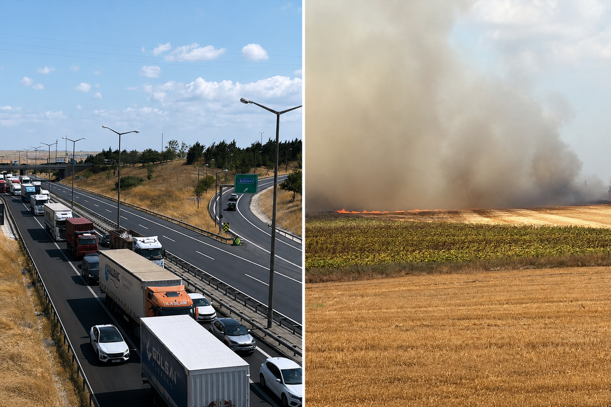 Silivri\'de korkutan yangın: Alevler TEM\'e dayanınca yol trafiğe kapatıldı