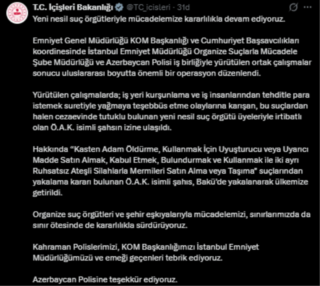 İstanbul ve Azerbaycan polisinin operasyonunda aranan firari şüpheli Bakü’de yakalandı
