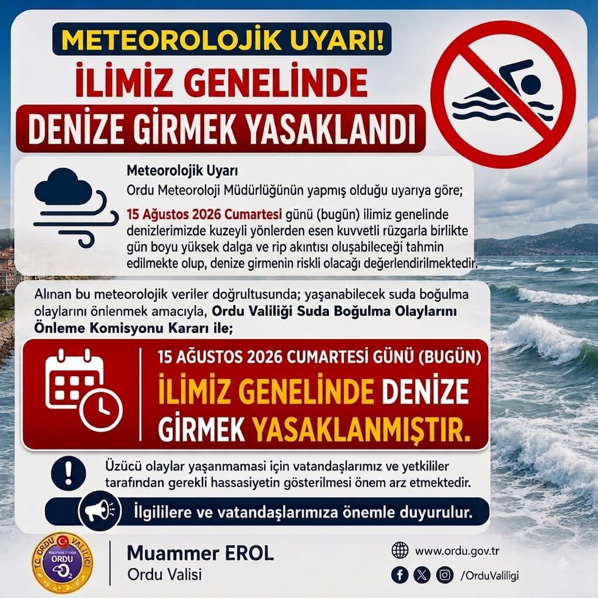 Ordu\'da Denize Girme Yasağı