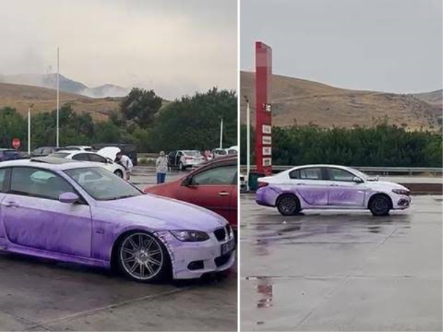 Afyonkarahisar'da bir garip yol: Kullanan araçlar mora boyandı