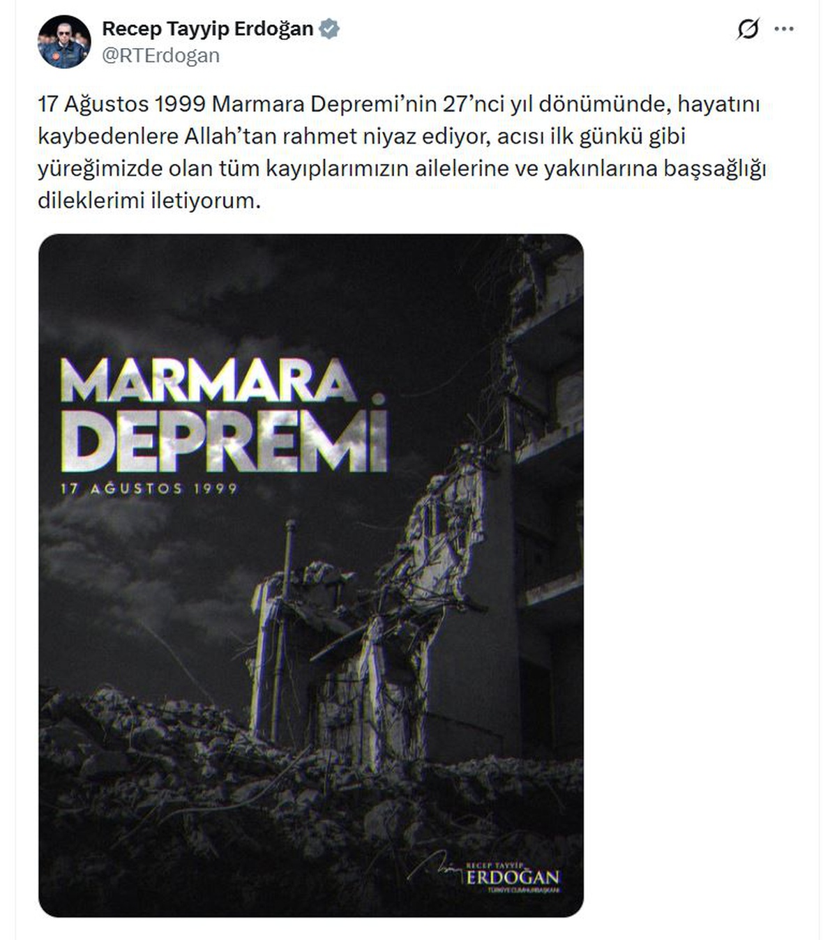 Erdoğan\'dan 17 Ağustos Depremi Mesajı