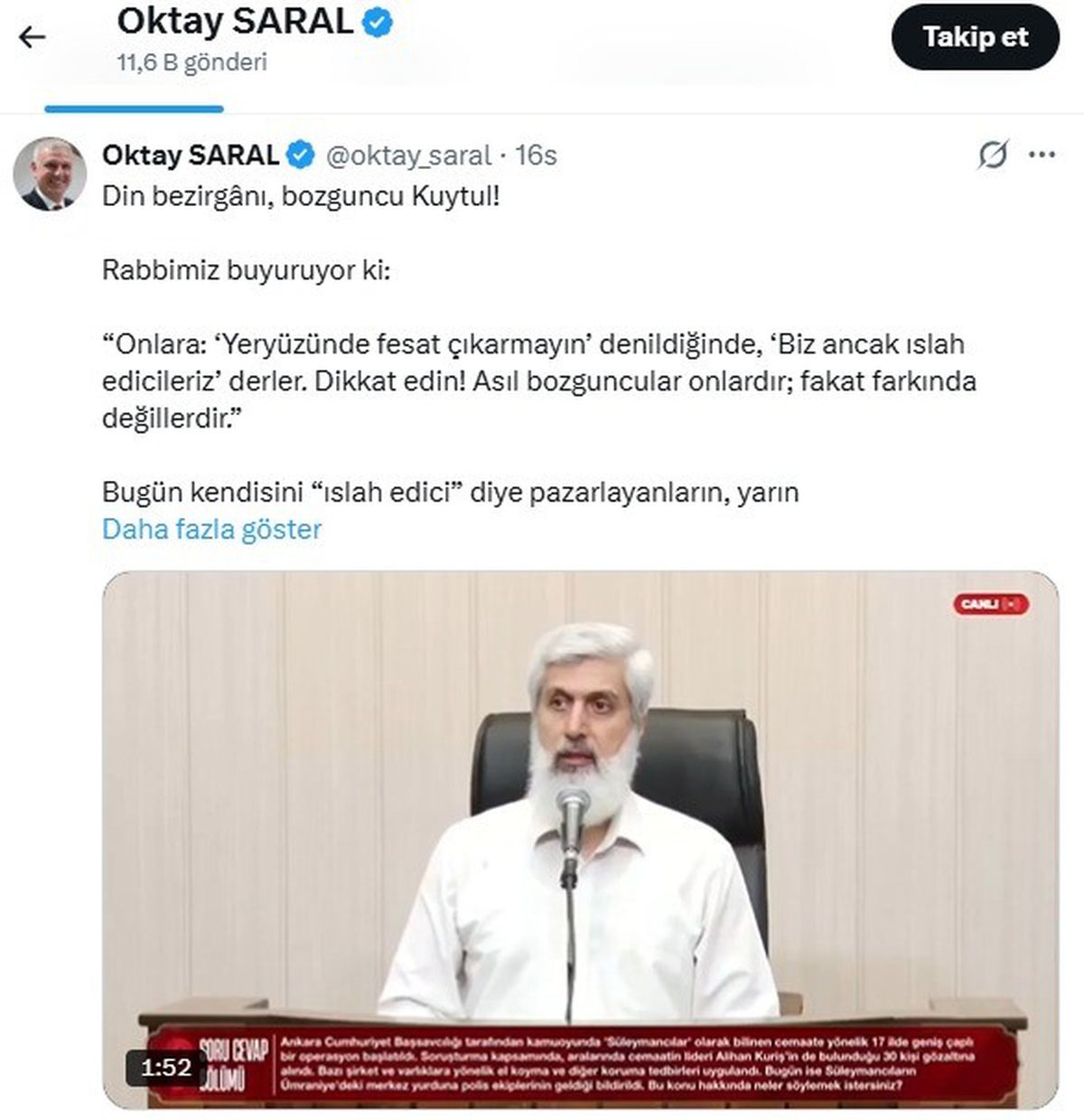 Saral\'dan Kuytul\'a Sert Mesaj