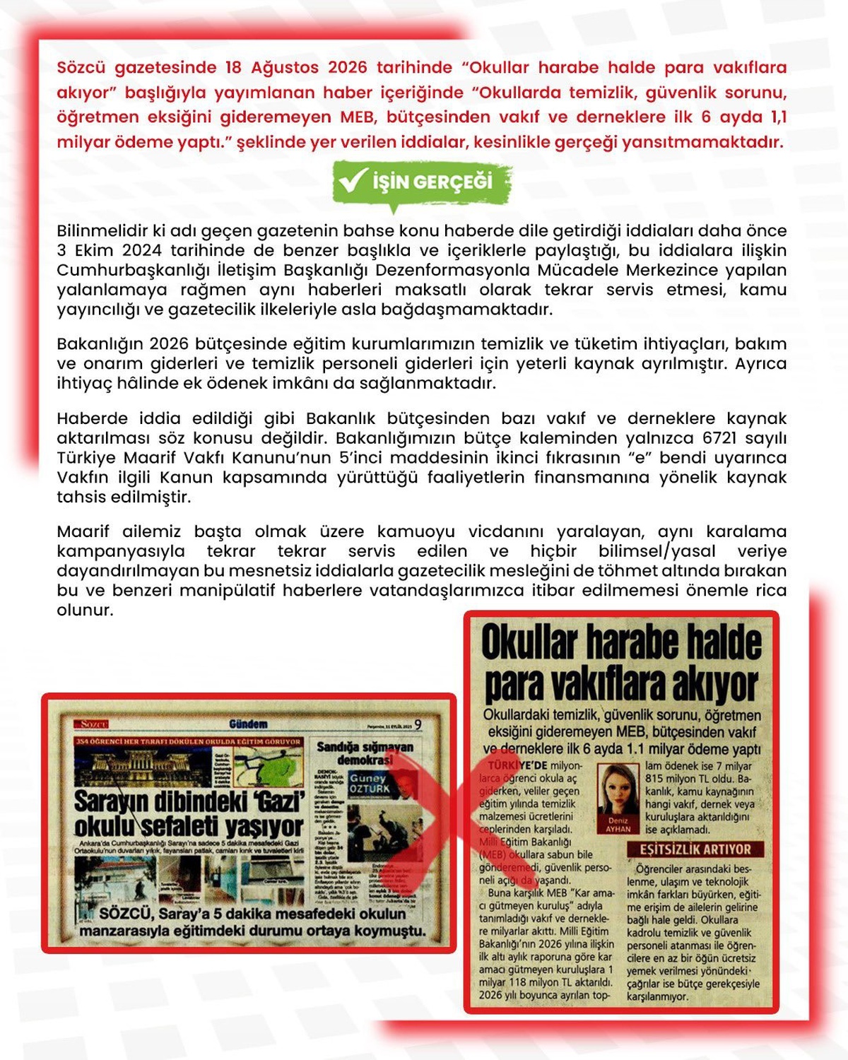 MEB\'den Dezenformasyon Açıklaması