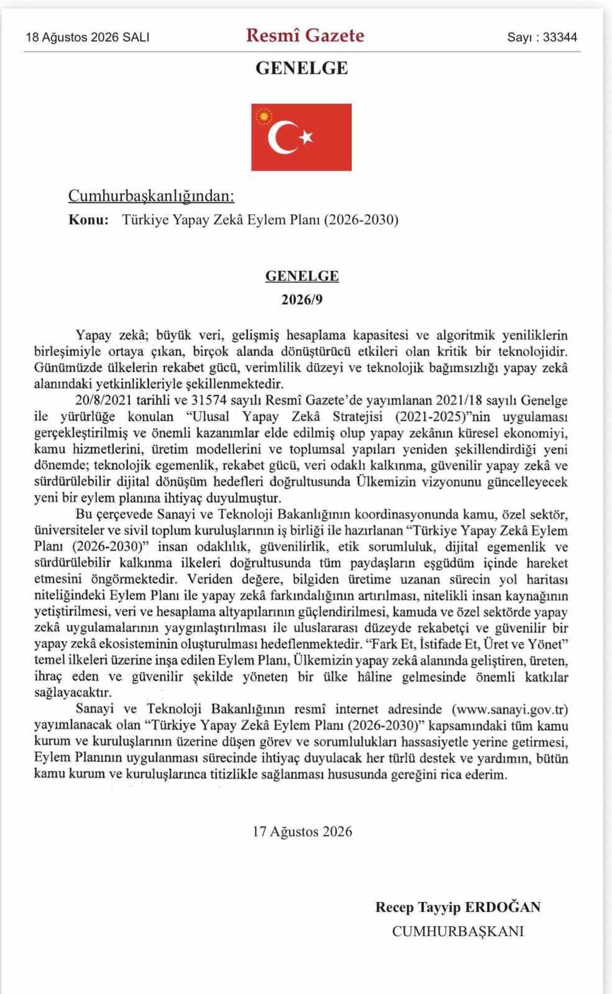 Türkiye\'nin Yapay Zeka Eylem Planı Resmi Gazete\'de