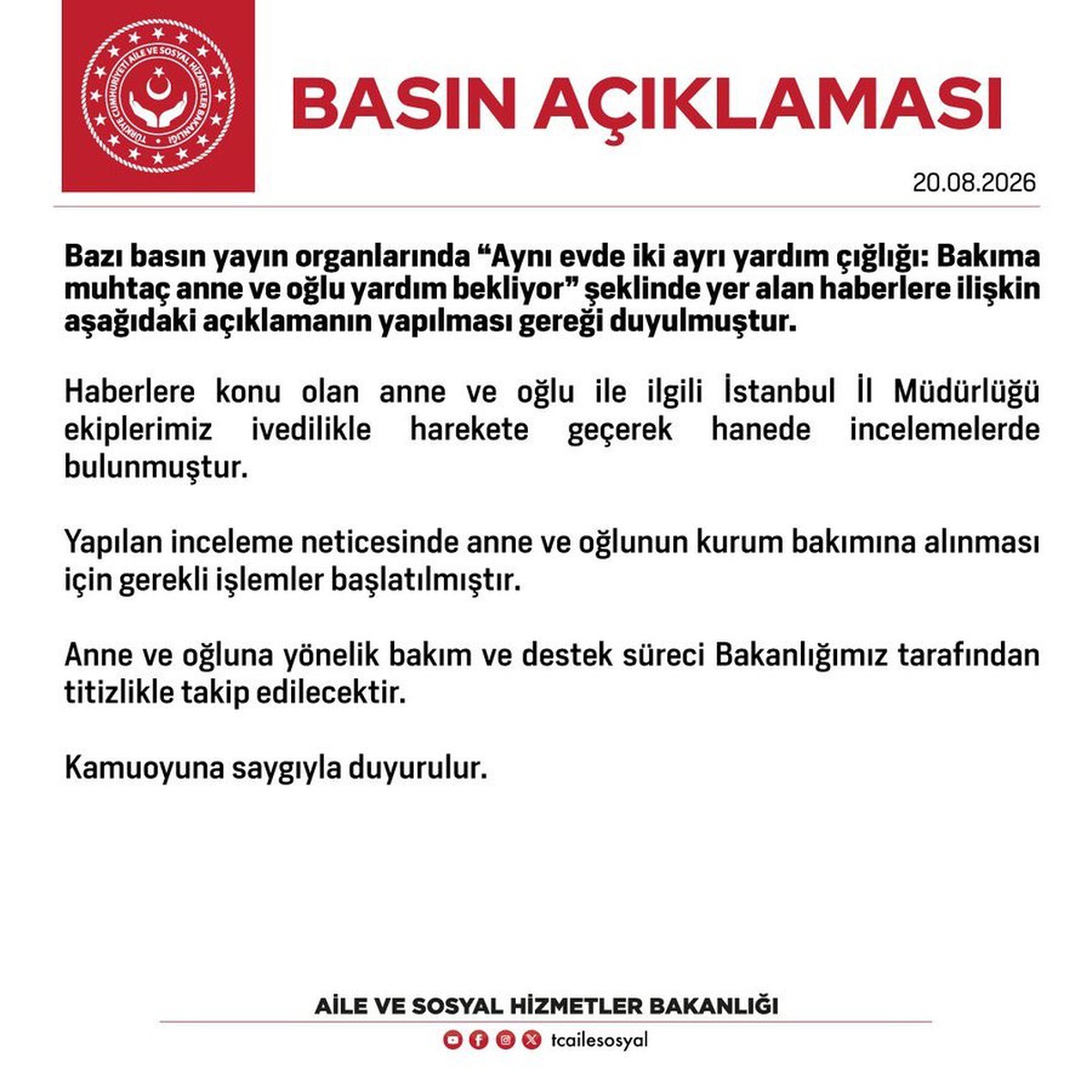 Bakıma Muhtaç Anne ve Oğluna Destek