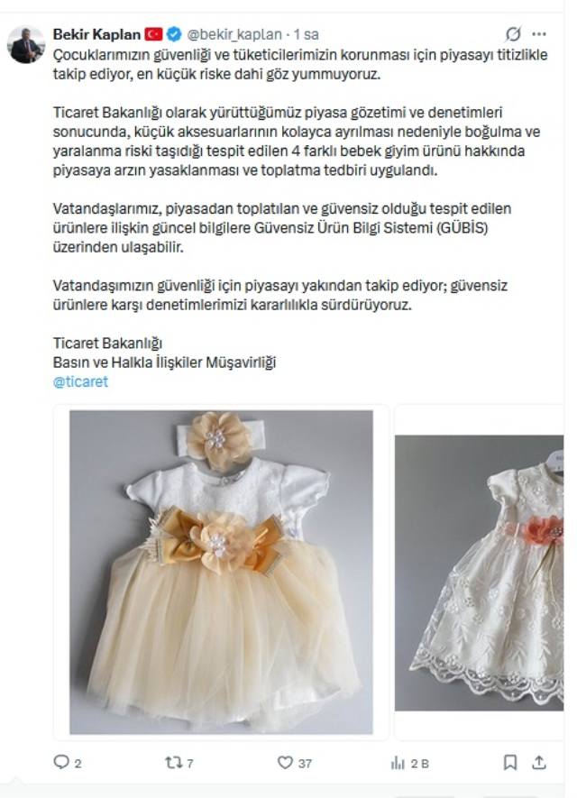 Ticaret Bakanlığı'ndan 4 Bebek Giyim Ürününe Toplatma Kararı