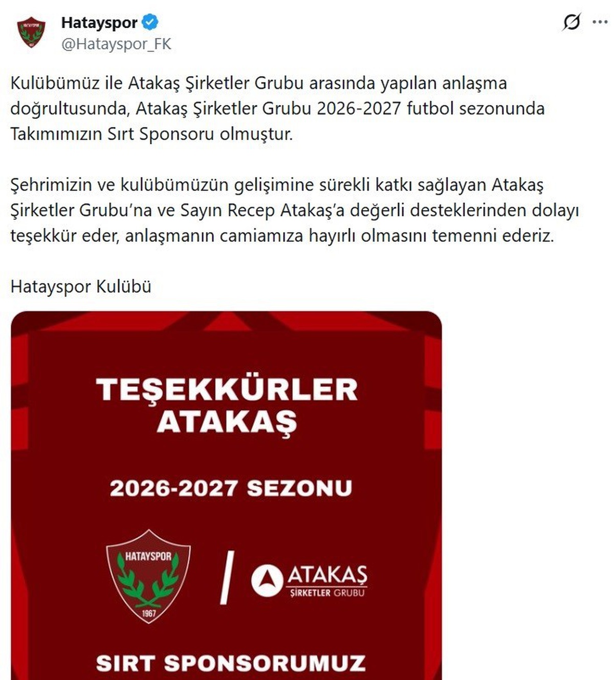 Hatayspor\'un Sırt Sponsoru Atakaş