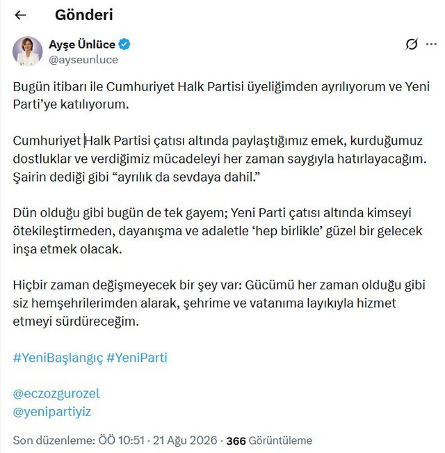 Ayşe Ünlüce CHP'den Yeni Parti'ye Geçti