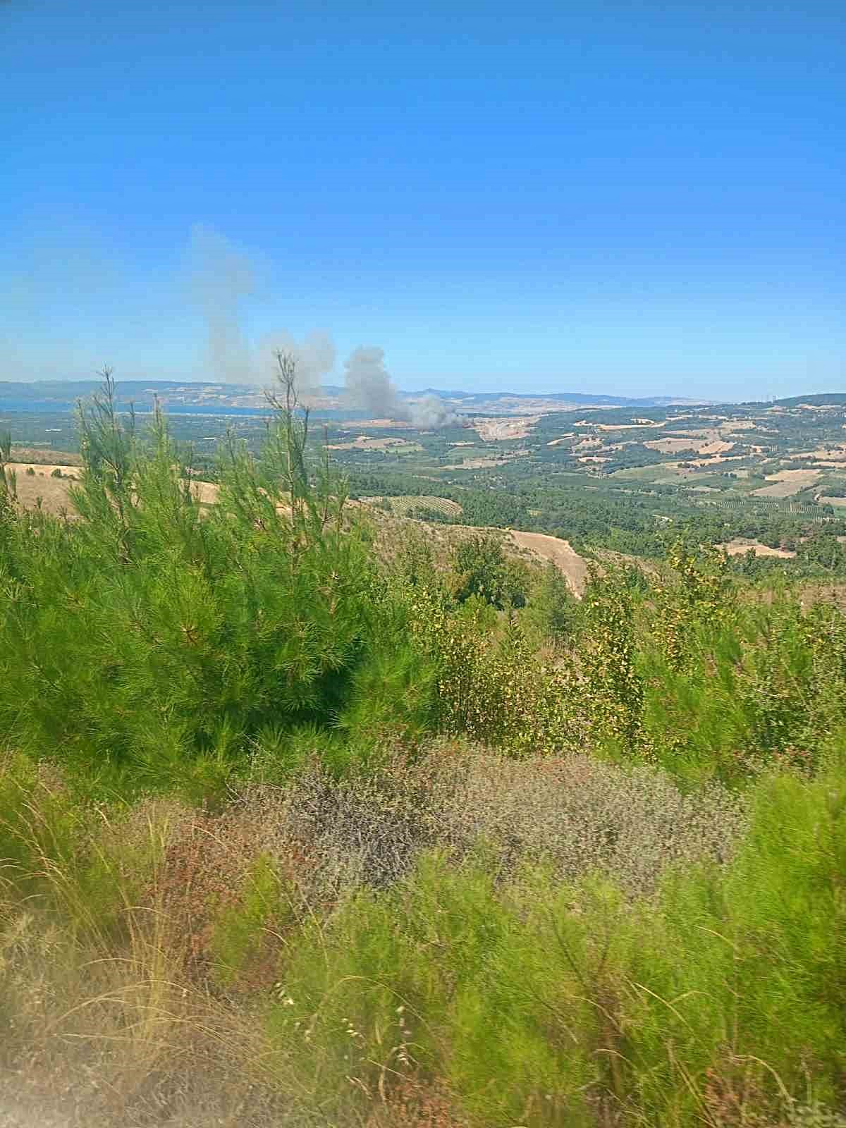 Lapseki\'de Tarım Yangınına Havadan ve Karadan Müdahale