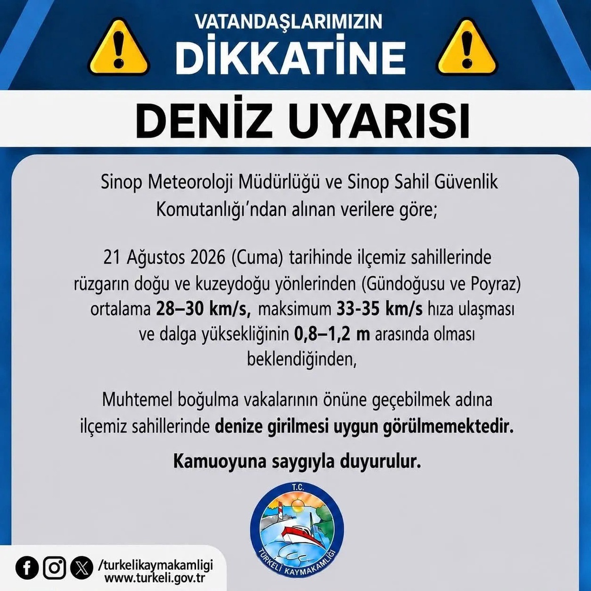 Türkeli\'de Denize Giriş Uyarısı