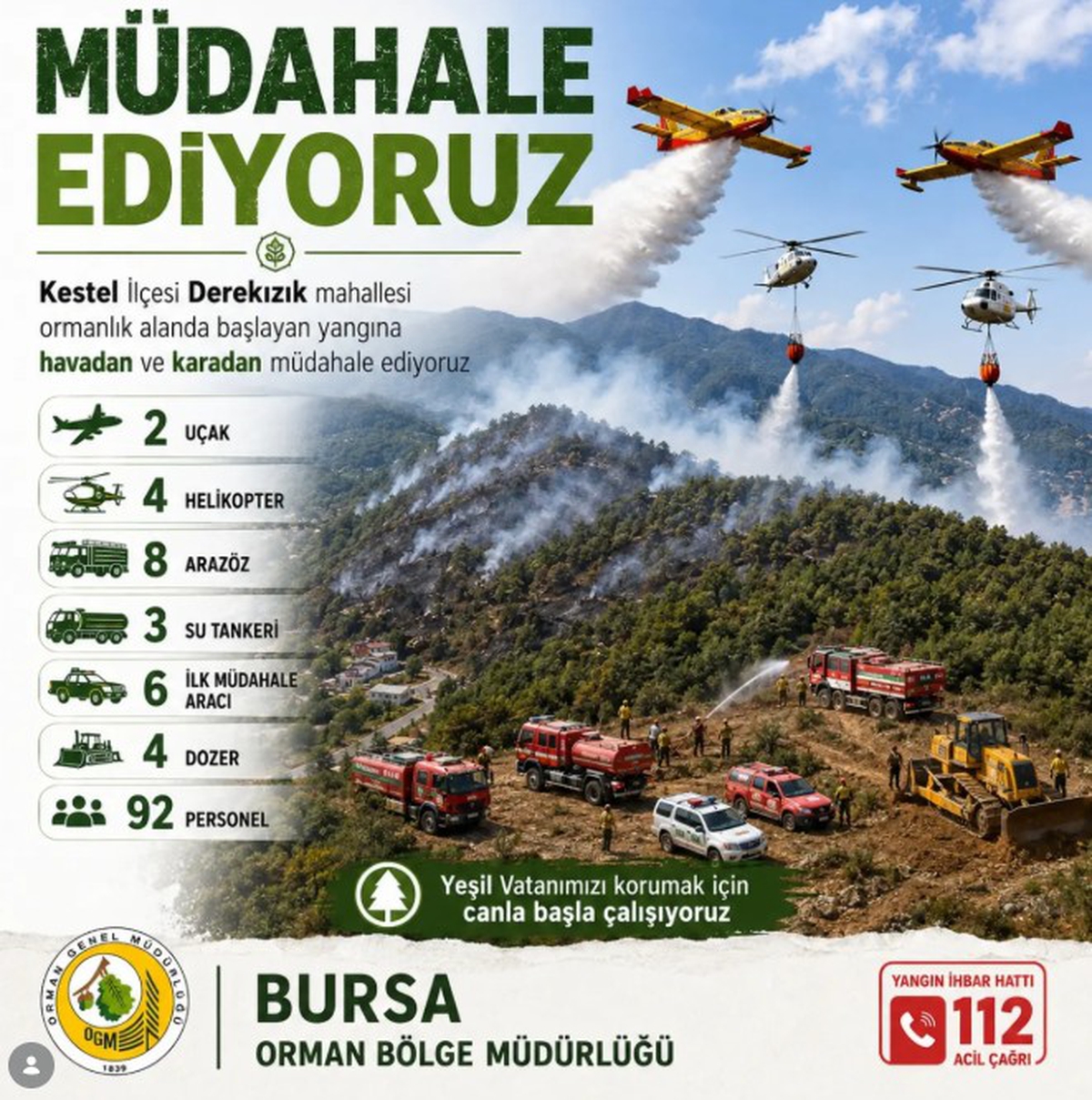 Bursa'da Orman Yangınına Hava ve Karadan Müdahele