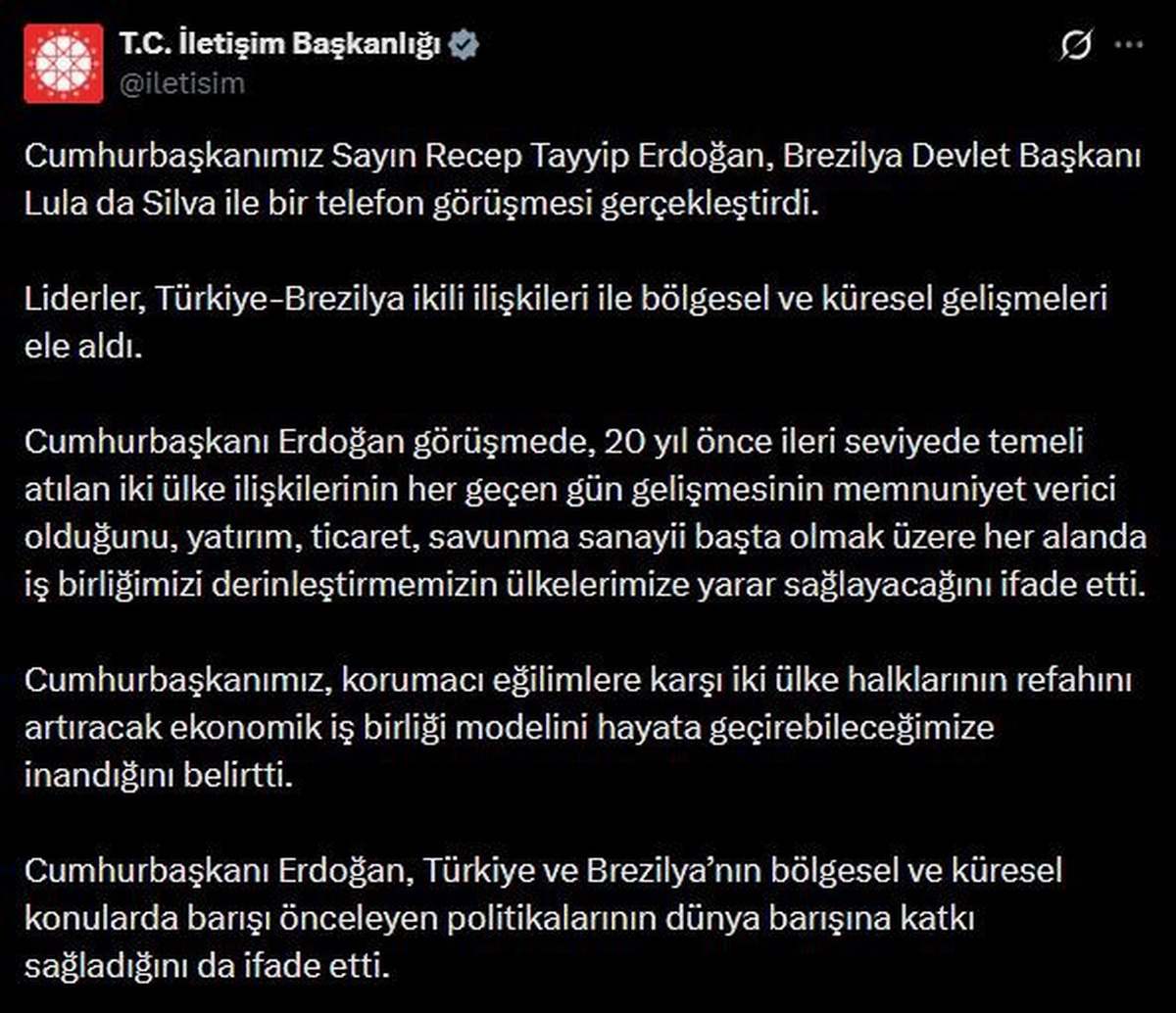 Erdoğan ve Lula telefonda görüştü
