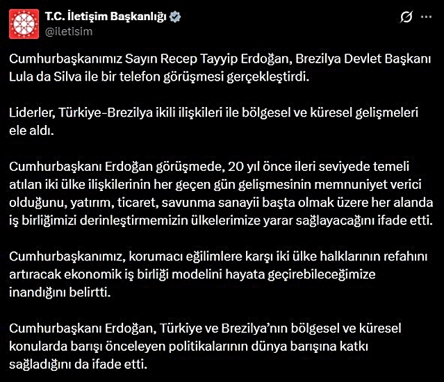 Erdoğan ve Lula telefonda görüştü