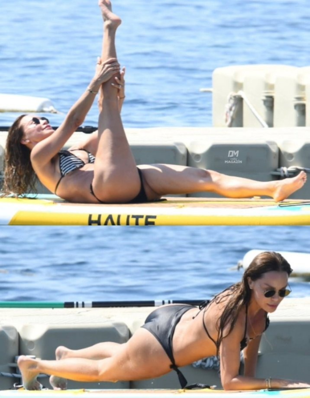 Ebru Şallı tatilde de boş durmadı! Spor salonunu denize taşıdı