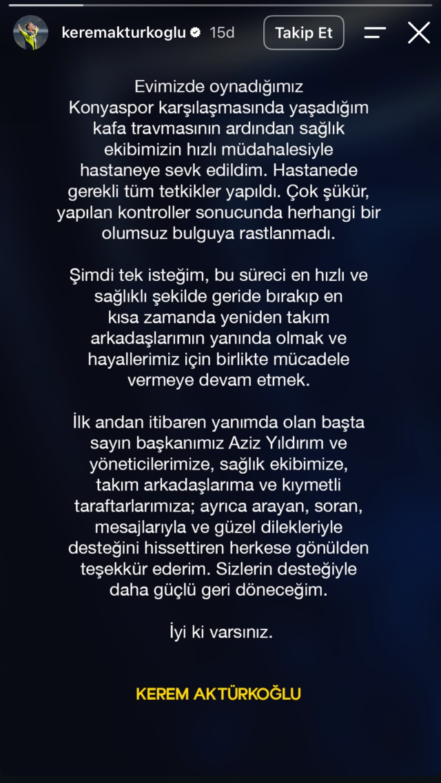Kafa travması geçiren Kerem Aktürkoğlu'ndan ilk açıklama