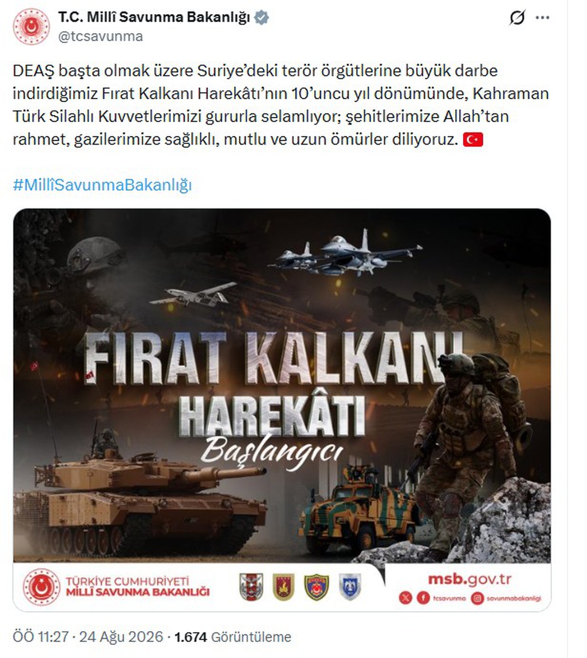 MSB'den Fırat Kalkanı Harekatı'nın 10'uncu yıl dönümü mesajı