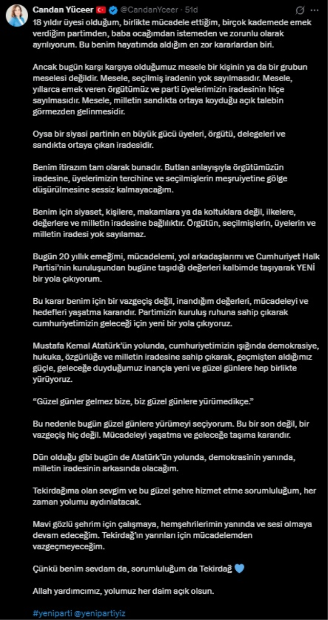 Tekirdağ Büyükşehir Belediye Başkanı Yüceer, CHP’den istifa ederek Yeni Parti’ye geçti