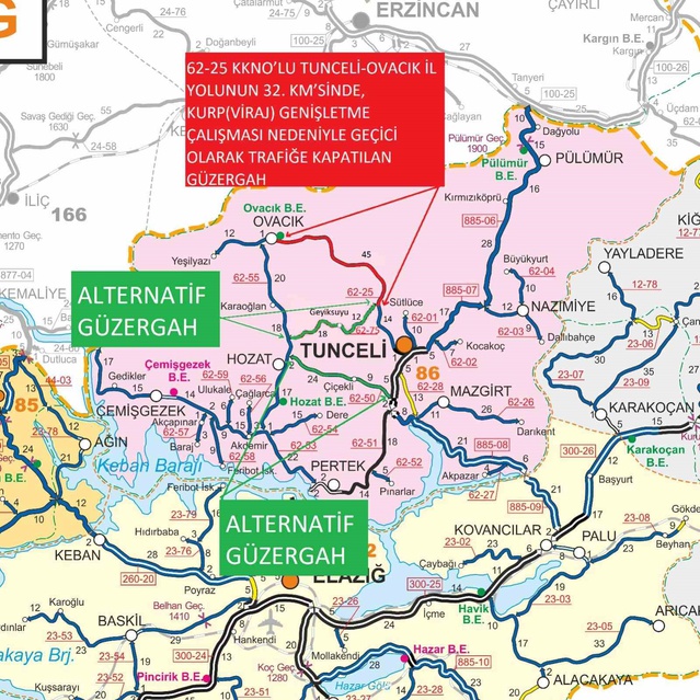 Tunceli-Ovacık Yolunda Trafik Kapatılacak