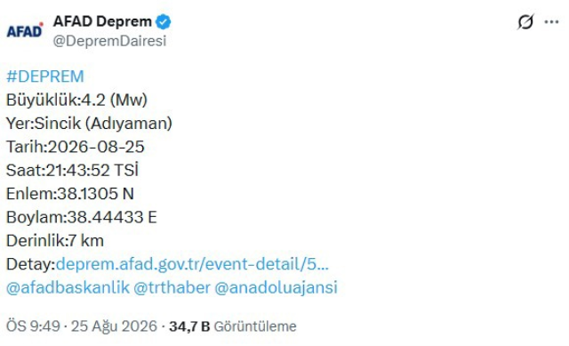 Adıyaman, 3 dakika arayla peş peşe sallandı