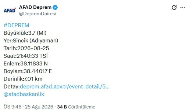 Adıyaman, 3 dakika arayla peş peşe sallandı