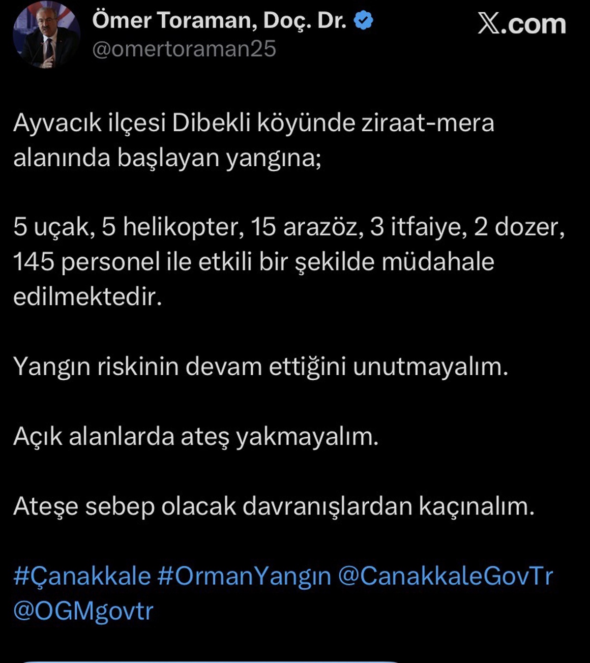 Ayvacık'ta Tarım Arazisinde Yangın