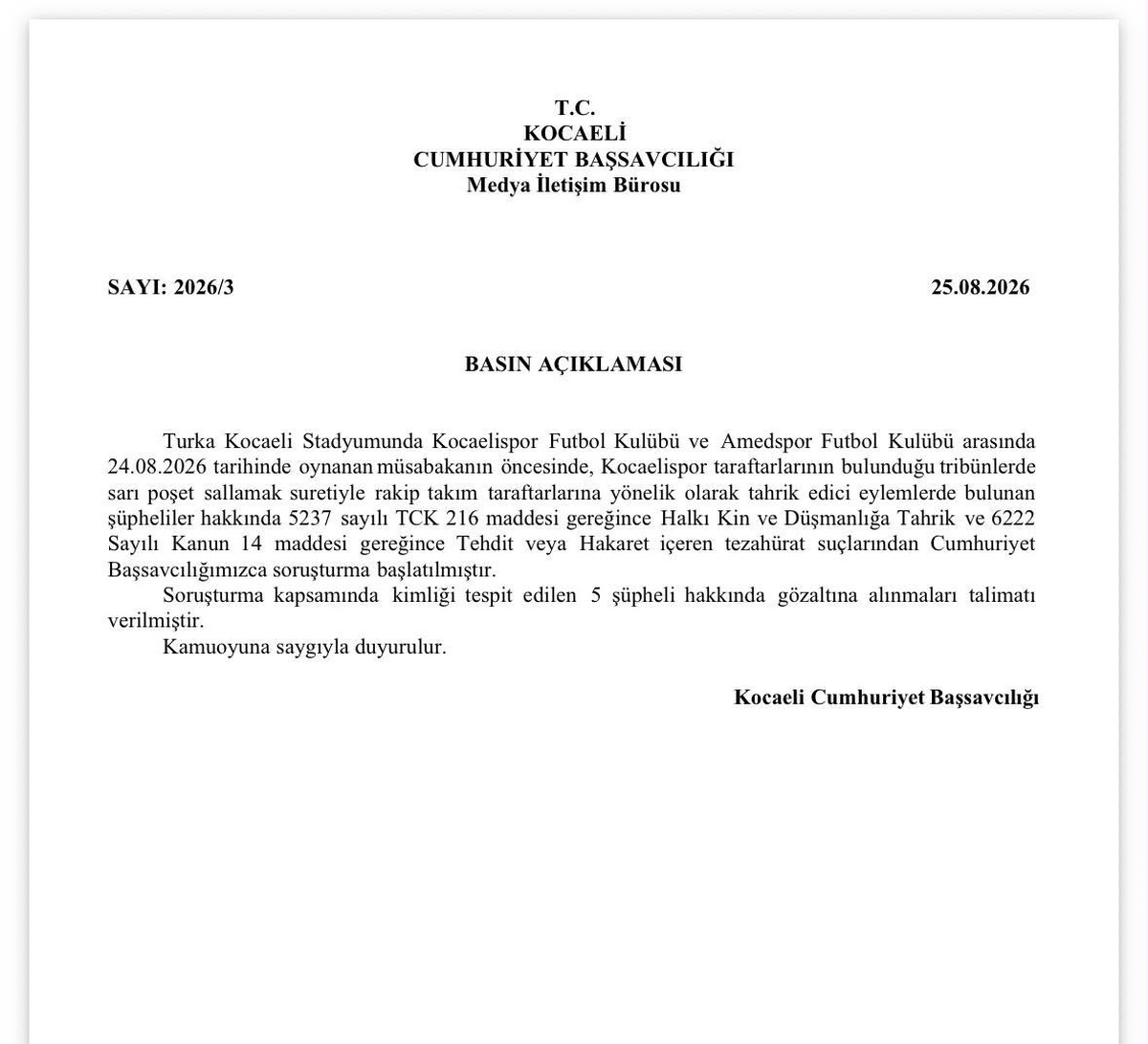 Kocaelispor-Amedspor maçında tahrik soruşturması: 5 gözaltı