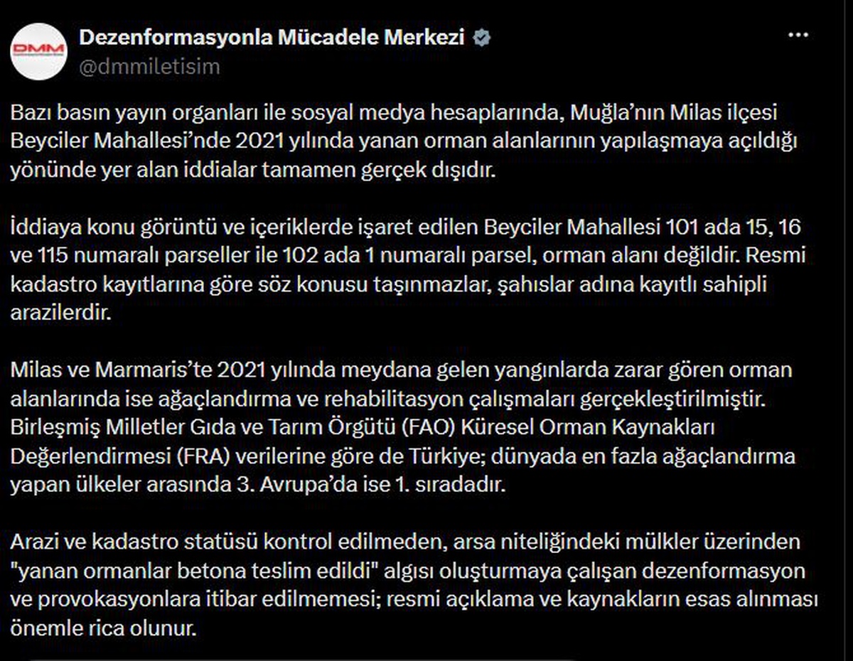 Milas'taki yanan orman iddiası yalanlandı