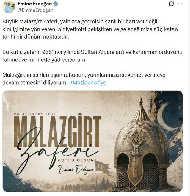 Emine Erdoğan'dan Malazgirt Zaferi Mesajı