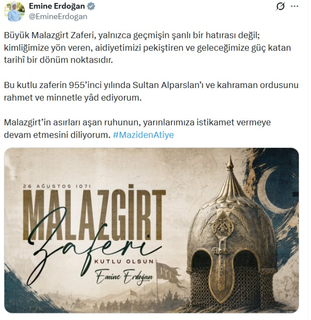 Emine Erdoğan'dan Malazgirt Zaferi mesajı