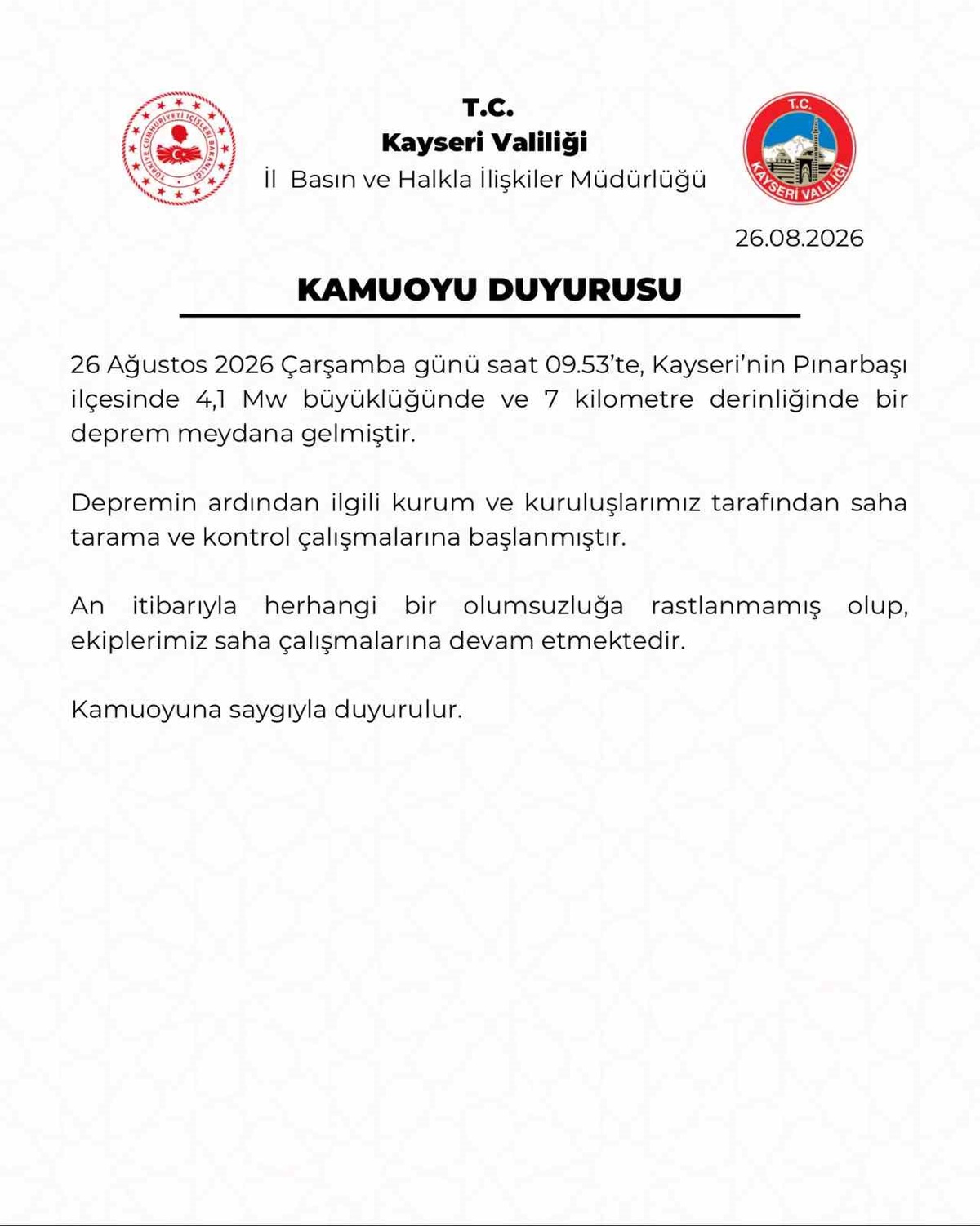 Kayseri'de 4.1 Büyüklüğünde Deprem