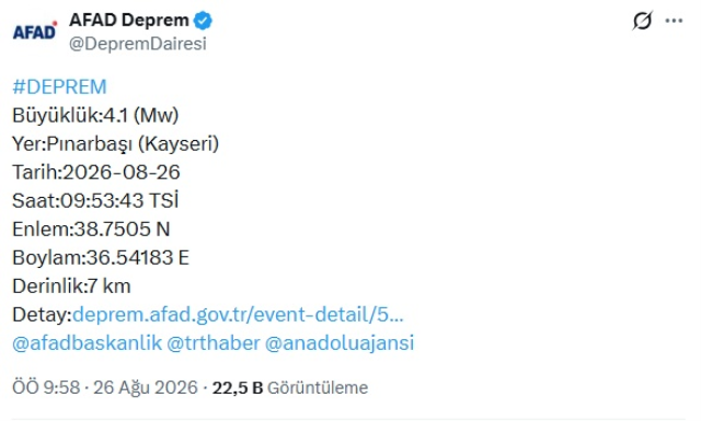 Kayseri'de 4.1 büyüklüğünde deprem