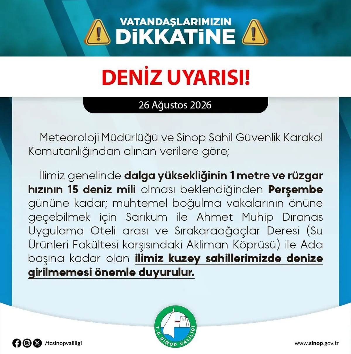 Sinop'ta Denize Girilmemesi Uyarısı