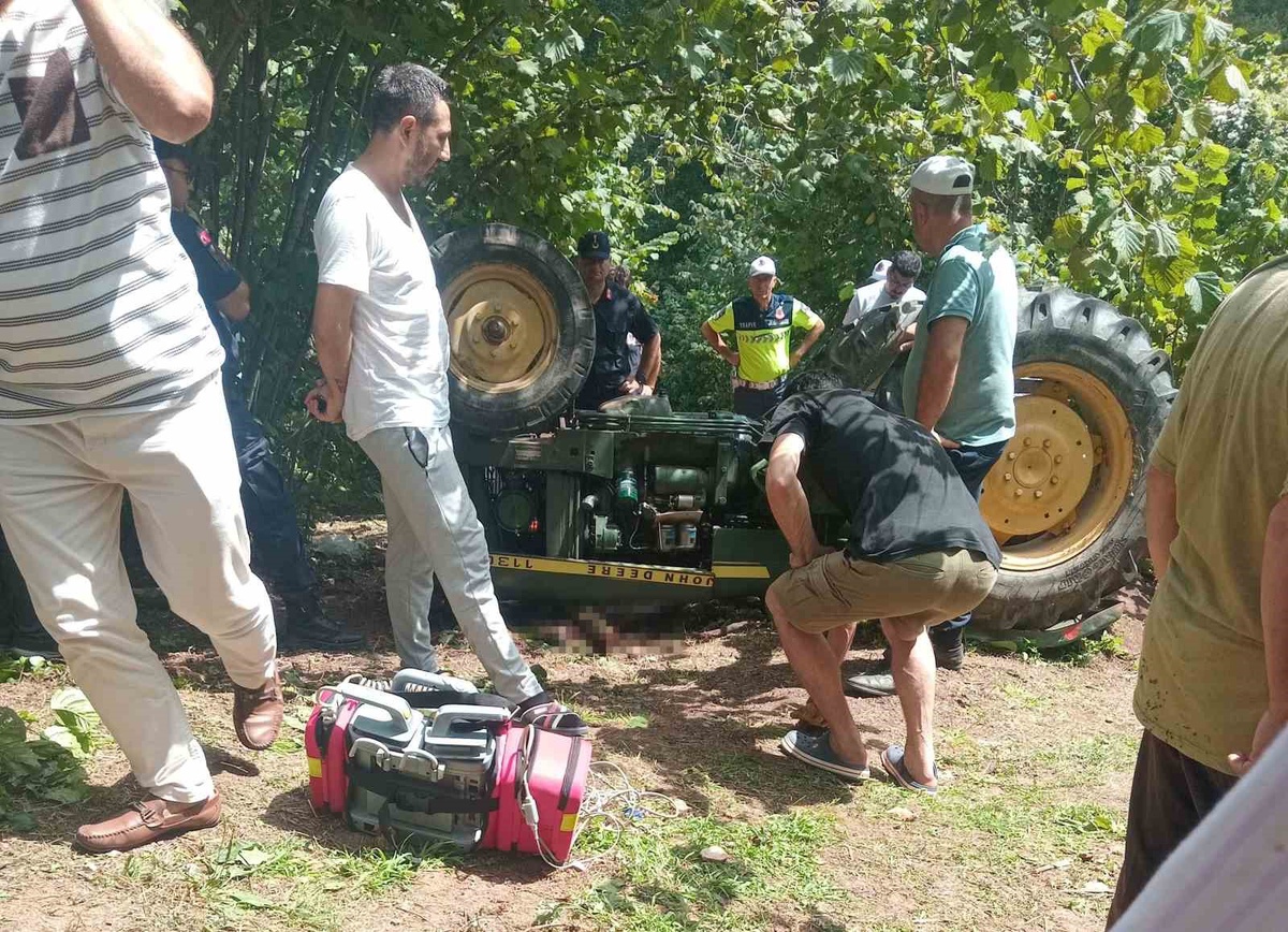 Traktör Devrildi, Fındık Bahçesi Sürücüsünü Aldı
