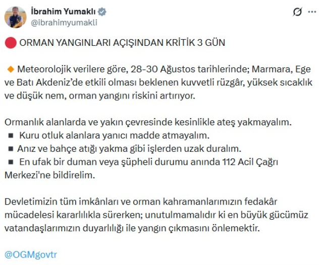 Bakan Yumaklı: Orman yangınları açışından 3 gün kritik