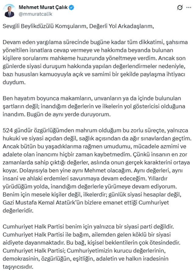 Mehmet Murat Çalık CHP'de kalacak