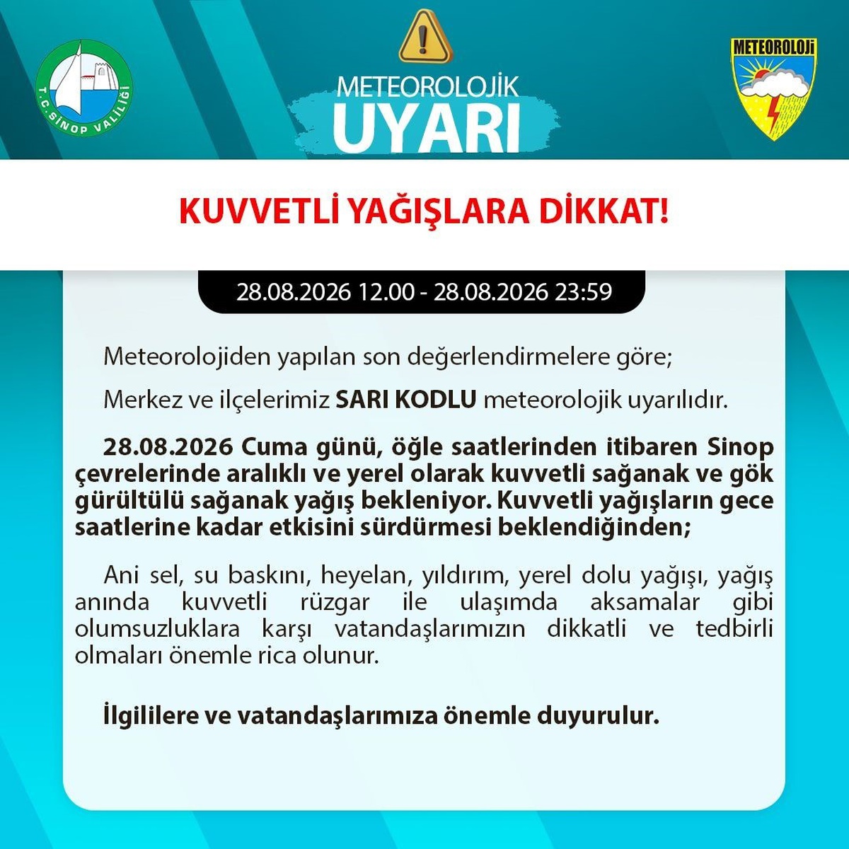 Sinop'ta Sarı Kodlu Uyarı: Gök Gürültülü Sağanak Yağış