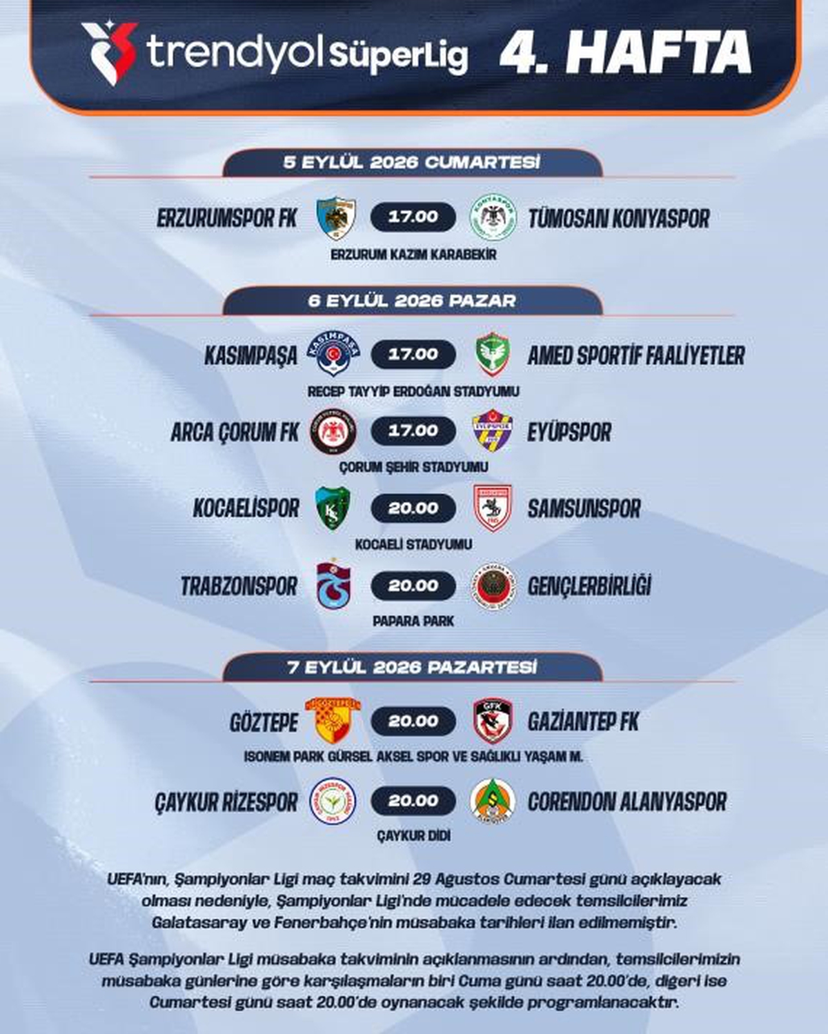 Süper Lig 4. Hafta Programı Açıklandı