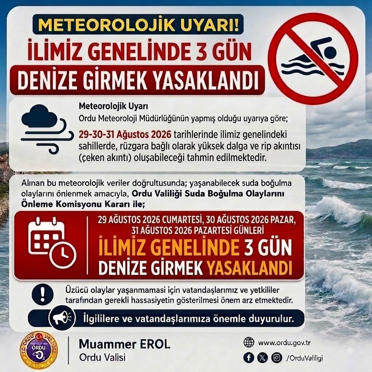 Ordu'da Denize Girmek Yasaklandı