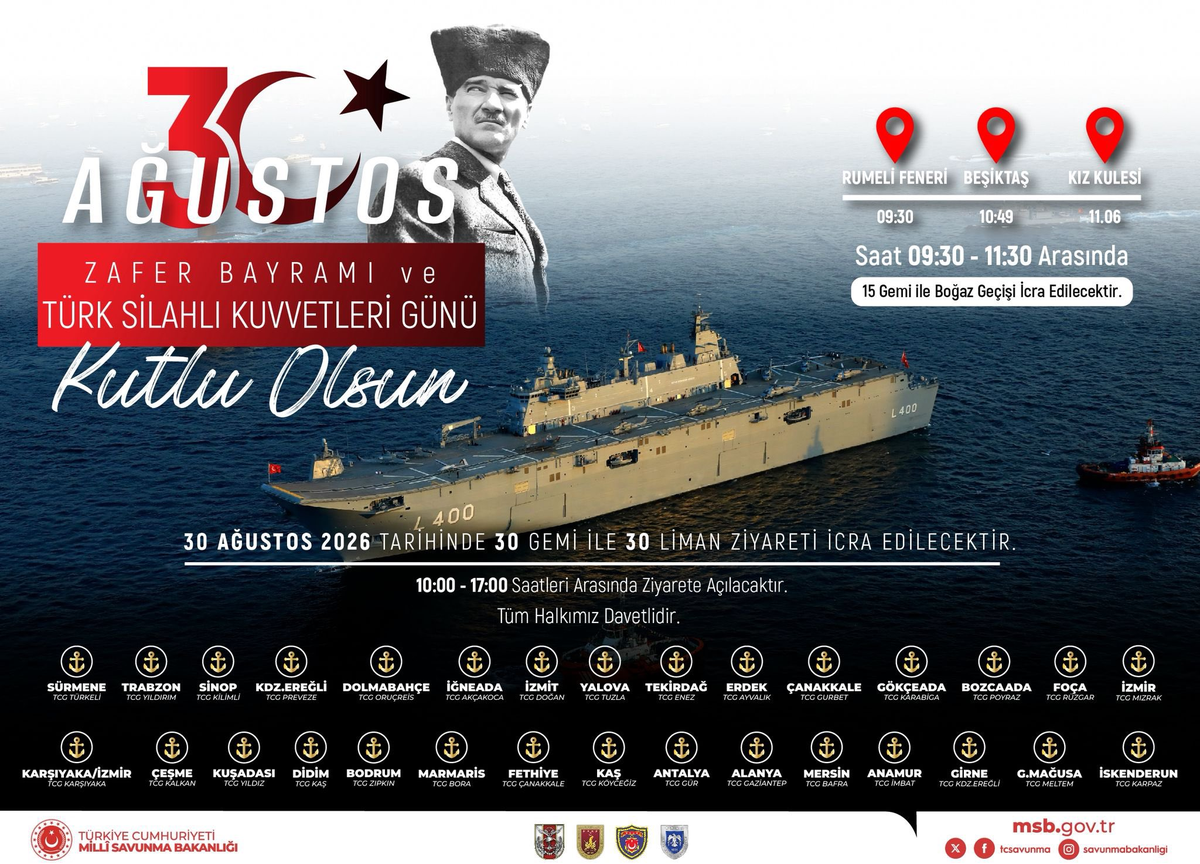 Deniz Kuvvetleri, 30 Ağustos'ta İstanbul'da Gemi Geçişi ve Liman Ziyareti Yapacak