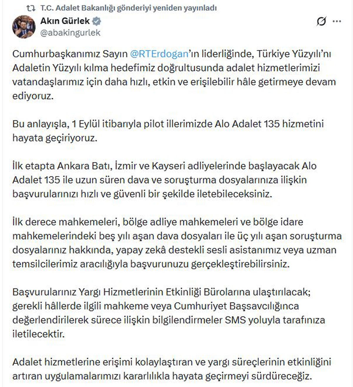 Alo Adalet 135 hizmeti 1 Eylül'de pilot illerde başlıyor