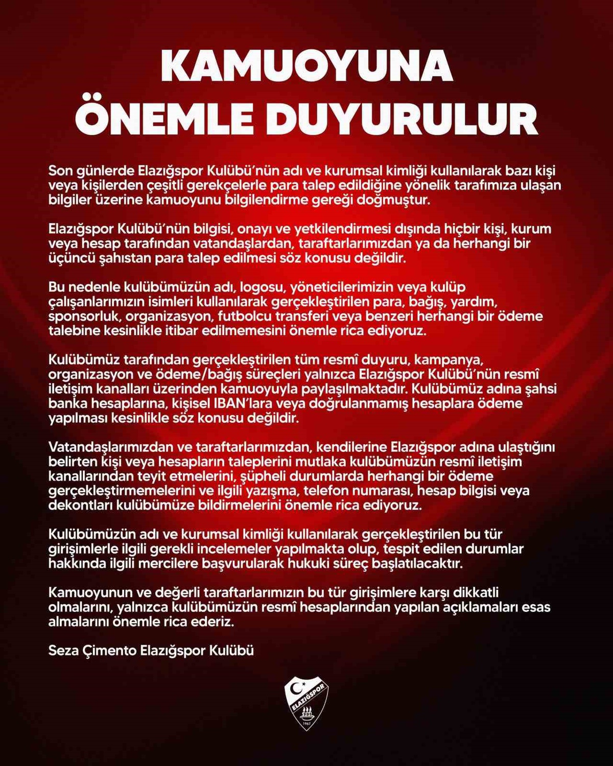 Elazığspor'dan Dolandırıcılık Uyarısı