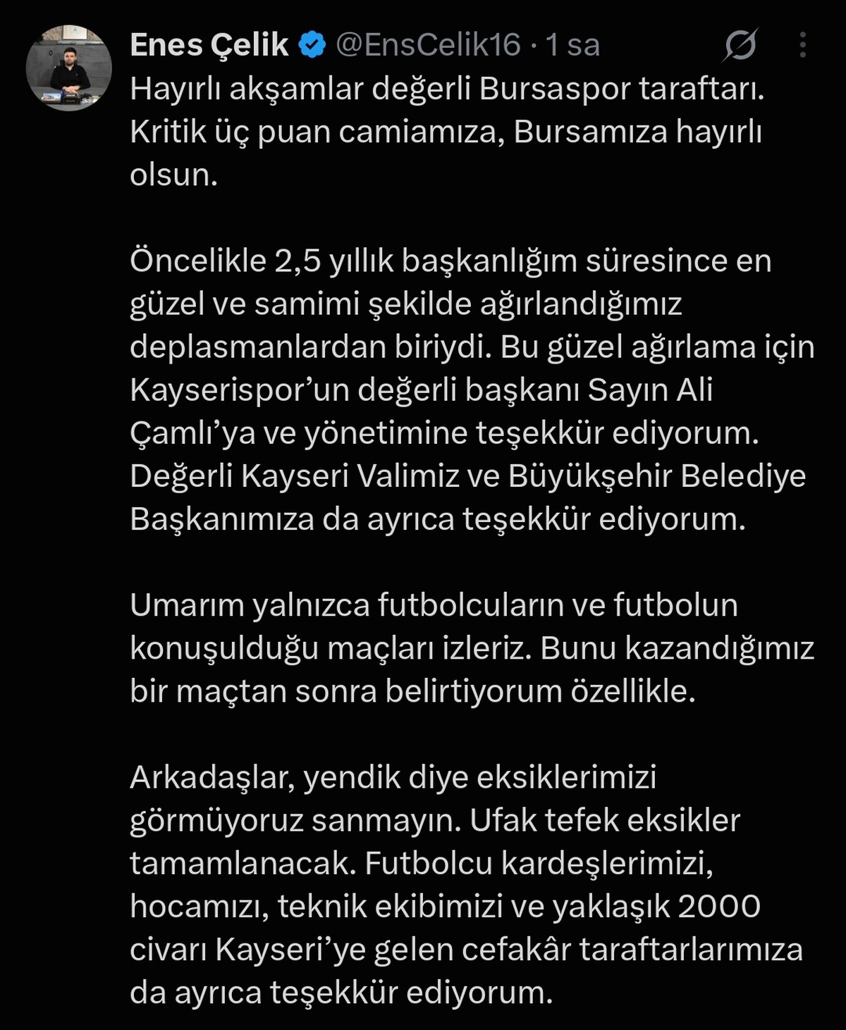 Bursaspor Başkanı, Kayseri Zaferi Sonrası Eksikleri Vurguladı