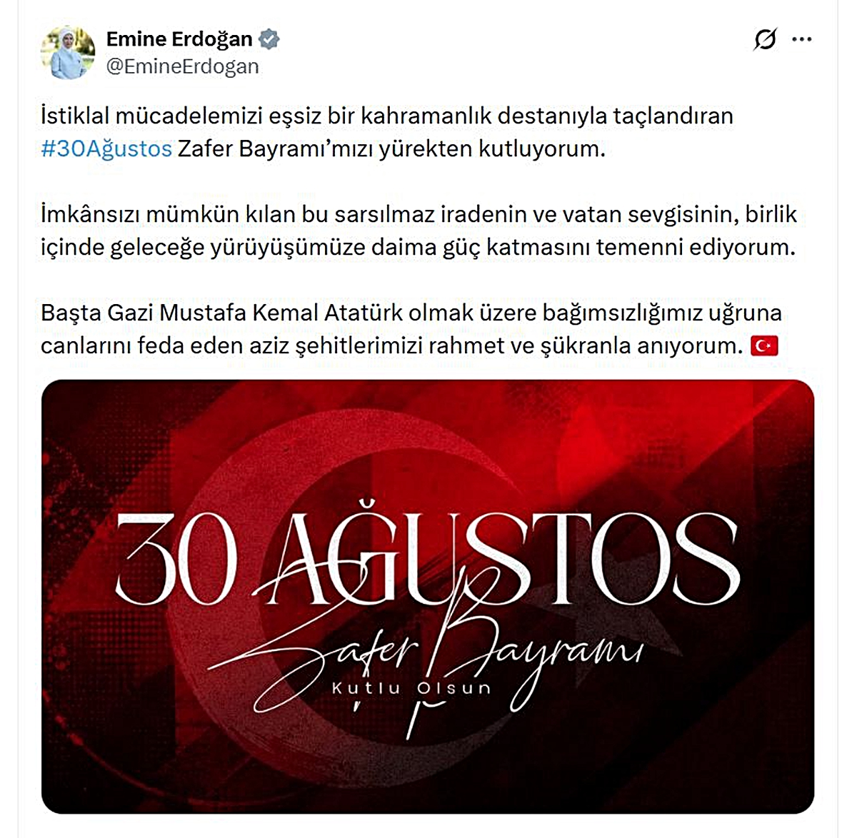 Emine Erdoğan'dan 30 Ağustos Zafer Bayramı Mesajı