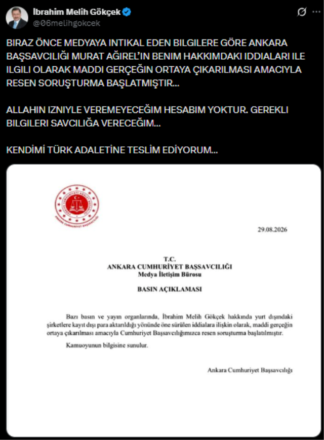 Hakkında soruşturma başlatılan Gökçek'ten ilk açıklama: Kendimi Türk adaletine teslim ediyorum